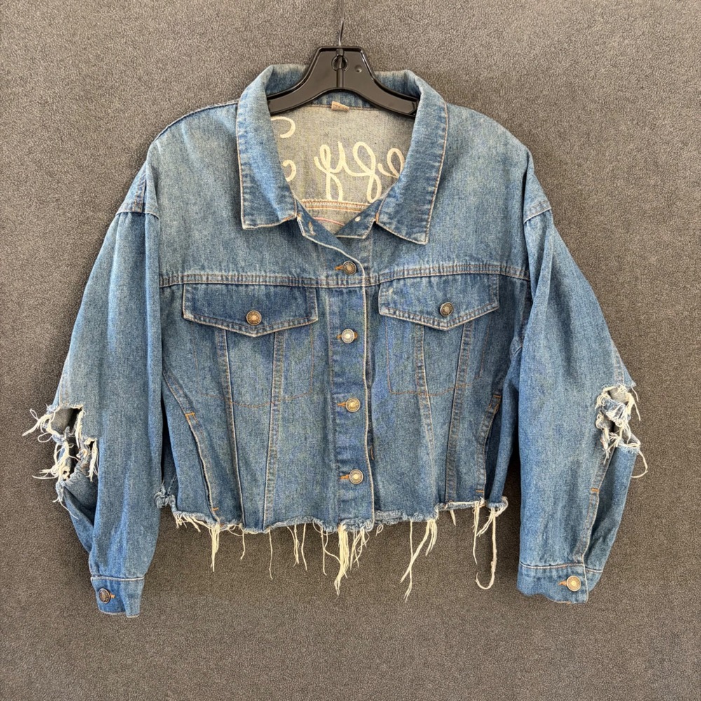 Unbranded Denim Jacket Women S Blue Flamingo Happy Times Distressed Raw Hem Crop